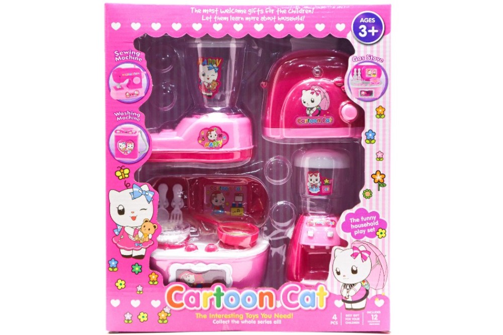 Cartoon Cat 4 Kitchen Items for Little Girls (Juicer, Gas Stove, Water Despinser, Toaster) Interesting Toys Item No KT1368-9