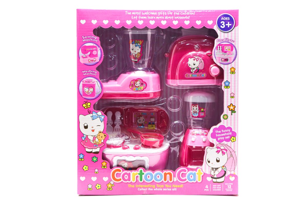 Cartoon Cat 4 Kitchen Items for Little Girls (Juicer, Gas Stove, Water Despinser, Toaster) Interesting Toys Item No KT1368-9