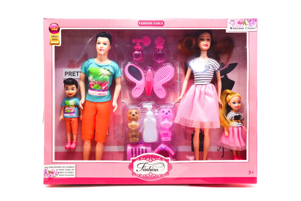 Fashion Girls Doll Set With boy and two baby kids + 2 Pet Dogs ,Cage ,Shampoo bottle, and a little makeup kit Item No 1108